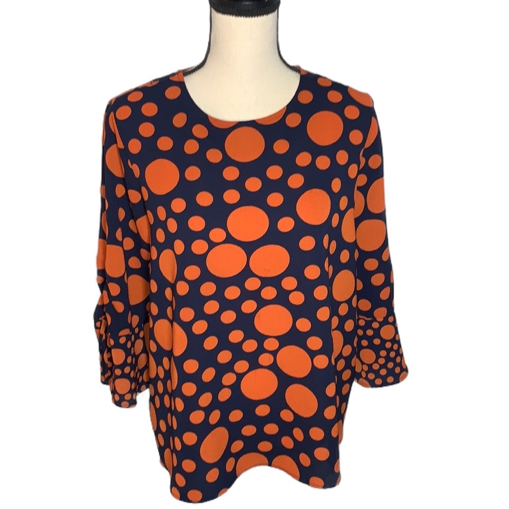 C est. 1946 Navy & Orange Polka Dot 3/4 Sleeve Blouse Keyhole Back Medium